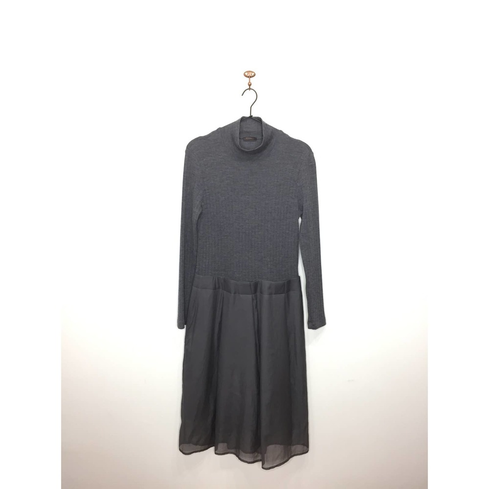 Peserico Gray Mixed Media Turtleneck Dress Drop Waist Pleated Women's Euro 46